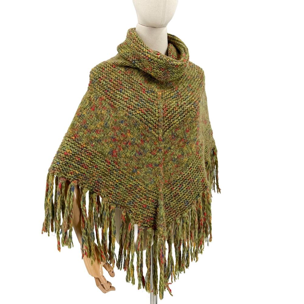 Vintage Y2K Olive Green Fringe Turtleneck Handmade Poncho